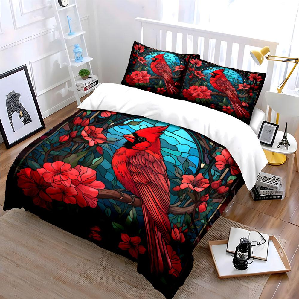 Vibrant Red Bird Stained Glass Decor Exquisite Three-Piece Bedding Set Gift For Kids And Adults