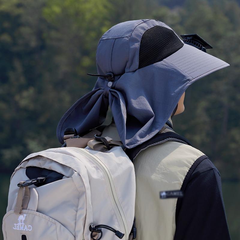 Solar Fan Hat with Neck Cover Wide Brim Sun Hat UV Protection Outdoor Fishing Hat Hiking Travel Hollow Mesh Summer Cooling Breathable Sun Cap