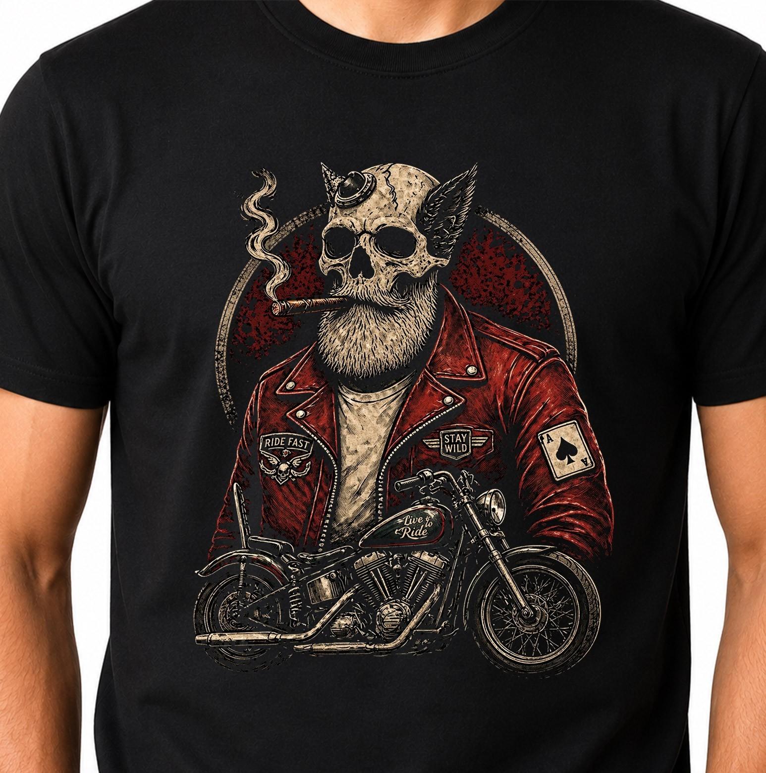 Skull Biker T-Shirt Ride Fast Stay Wild Beard Motorcycle Chopper Vintage Tee. M