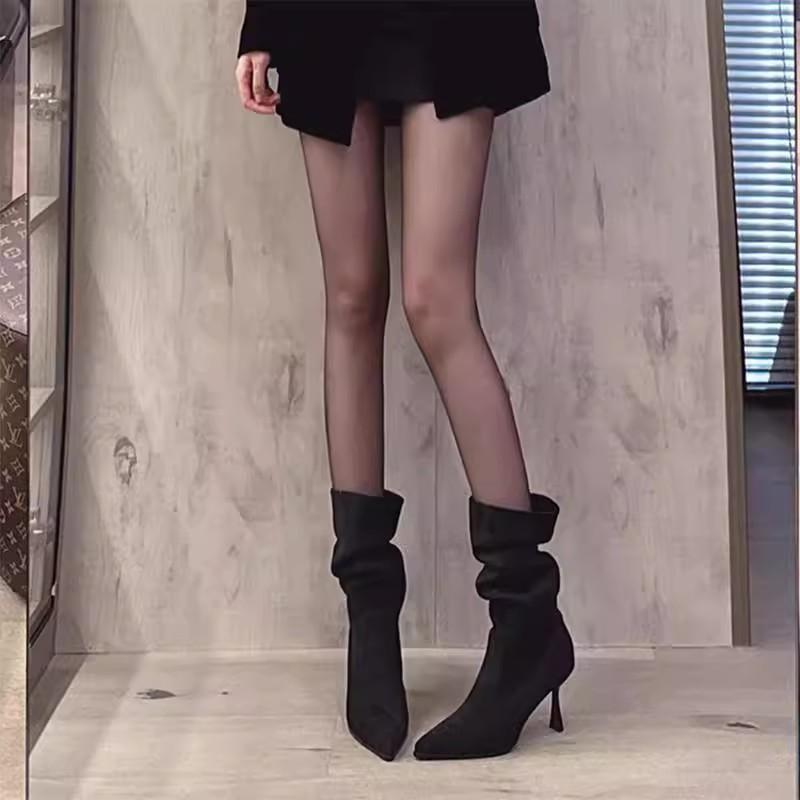 2025 Autumn and Winter New Pointed Short Boots Women's Thin Heel Suede Medium Tube Stacking Boots High Heel Elastic Thin Boots Martin Boots