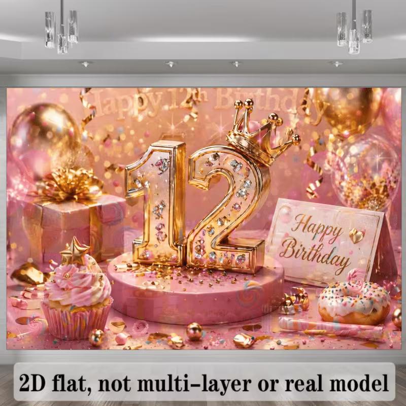 2D Shiny Number 12 Happy Birthday Backdrop Banner with Confetti & Gifts