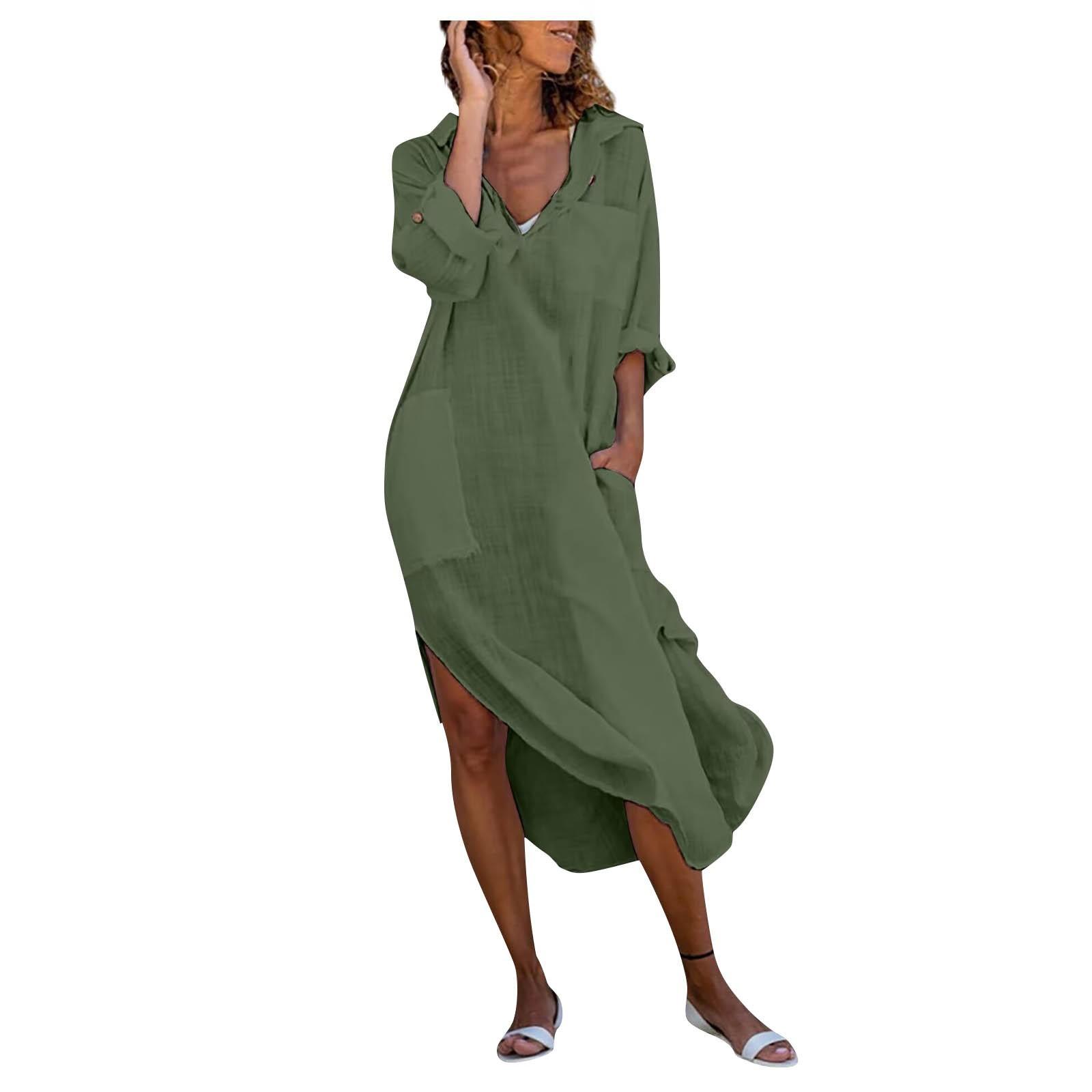 

Женская однотонная рубашка на пуговицах, свободная, дышащая, повседневная, платье из хлопка и льна L армия зеленый