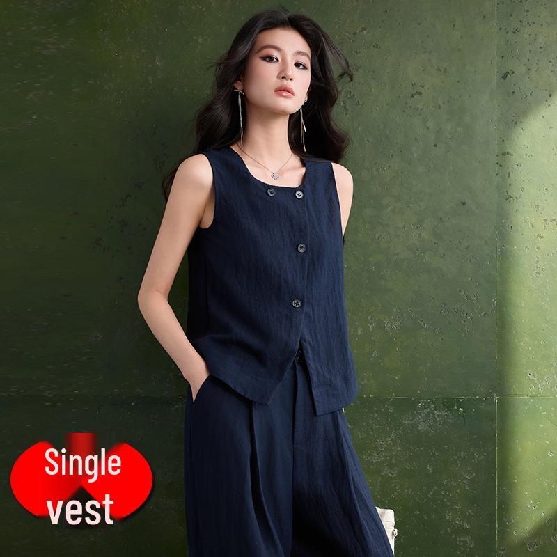 Apricot Linen Suit Vest & Wide-Leg Pants Set for Women - Spring/Summer Professional Two-Piece