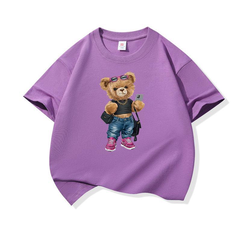 Trendy Girl Bear With Sunglasses Graphic Tee Kids 100 Cotton Crew Neck Casual T Shirt Short Sleeve Muticolor Top For Girls Boys