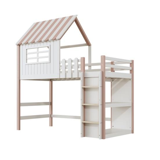 Loft Bed Children 90x200cm High And Low for Boys Girls Home Roof Shape Bunk with Safety Ladder Storage Compartment Multifunctional Solid Wood Slatted