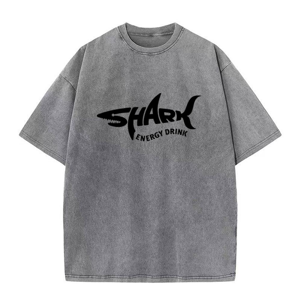 

2025 new men s and women s shark print washed T-shirt, cotton loose round neck oversized T-shirt, retro trendy top 5XL