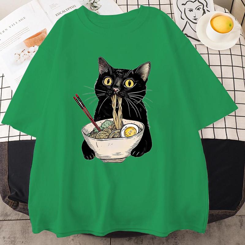 Noodle Ramen Cat T-Shirt Foodie Lover T Shirts Black Cat Noodle T-Shirts Retro Casual Short Sleeve Tshirt for Men Women Clothes