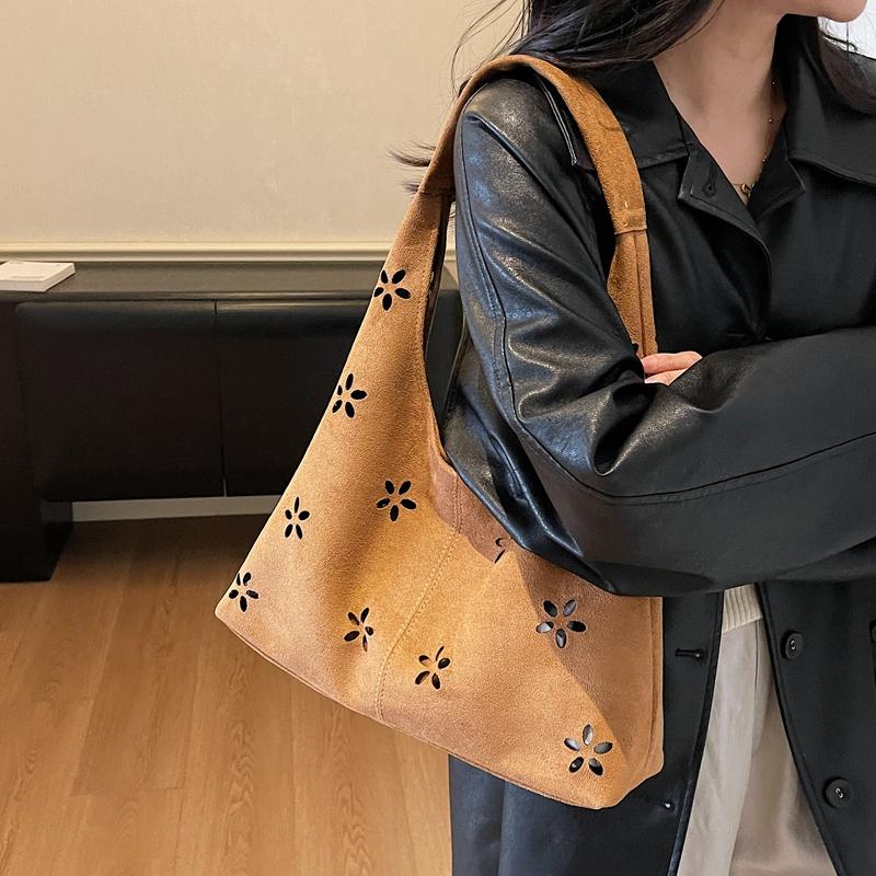 Floral Cutout Suede Hobo Bag with Open Top Design Large Capacity Fashion Shoulder Bag