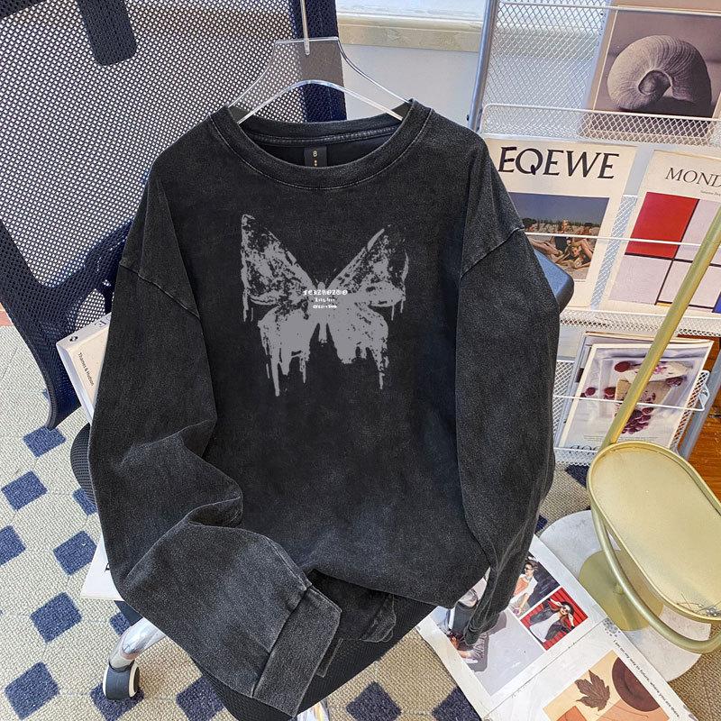 Women's Long Sleeve Crew Neck Tee Washed Distressed Butterfly Print Loose Cotton Top