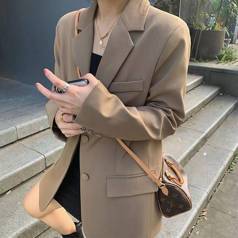 2025 Spring Autumn Women's Brown Blazer, Korean Style Loose Fit Casual Jacket with Notched Lapel, Internet Famous Office Wear for Daily Outfits