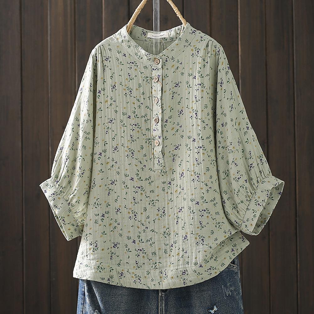 Women's Double-layer Cotton Yarn Shirt Floral Stand-up Collar Cotton Yarn Loose Shirt