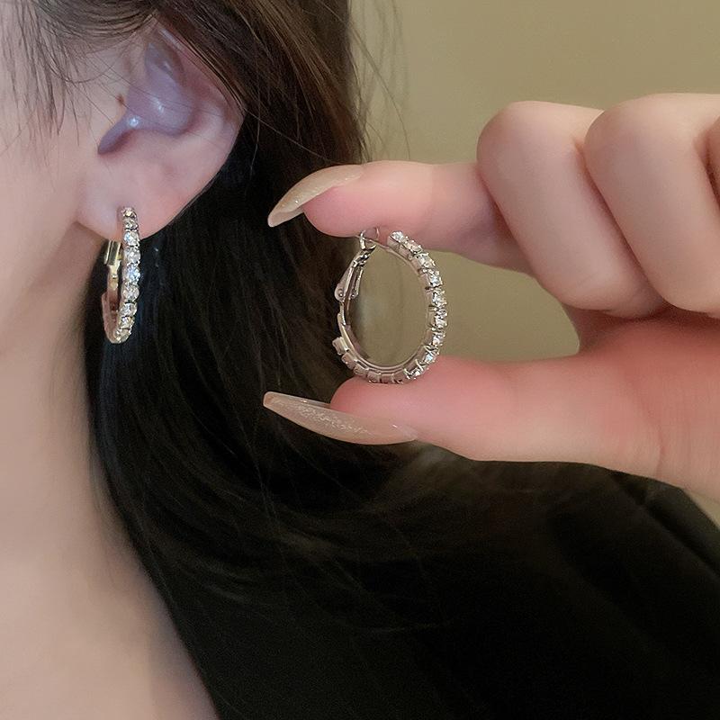 3Pairs Shiny Rhinestone Hoop Earrings Luxury Big Circle Zinc Alloy Exaggerated Personality Earrings Jewelry Female Accessories