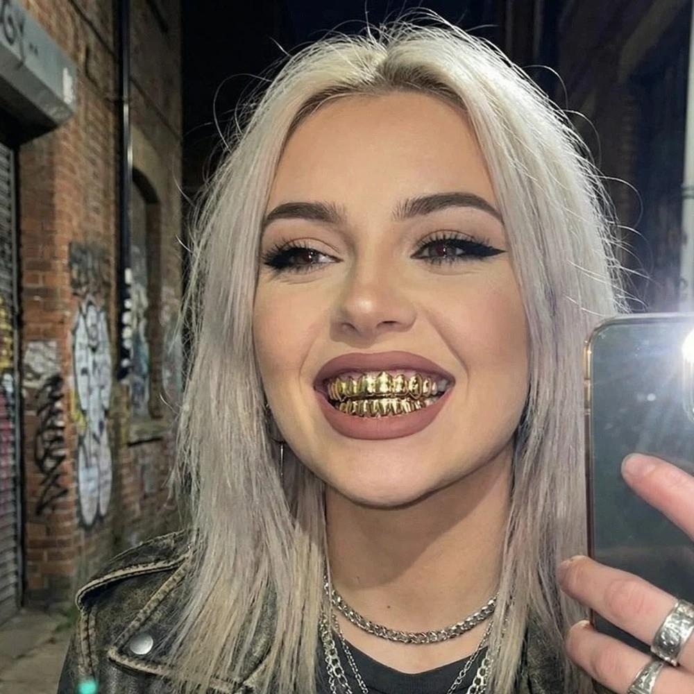 Glossy Finish Teeth Grillz Top Bottom Set Anti Slip Shiny Teeth Grillz Caps Silver Eco-friendly Copper Teeth Jewelry Rapper