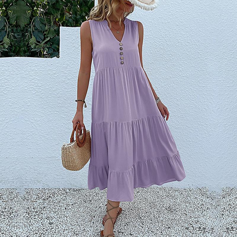 QICED Summer Sleeveless Pleated Skirt Loose V-neck Long Dress