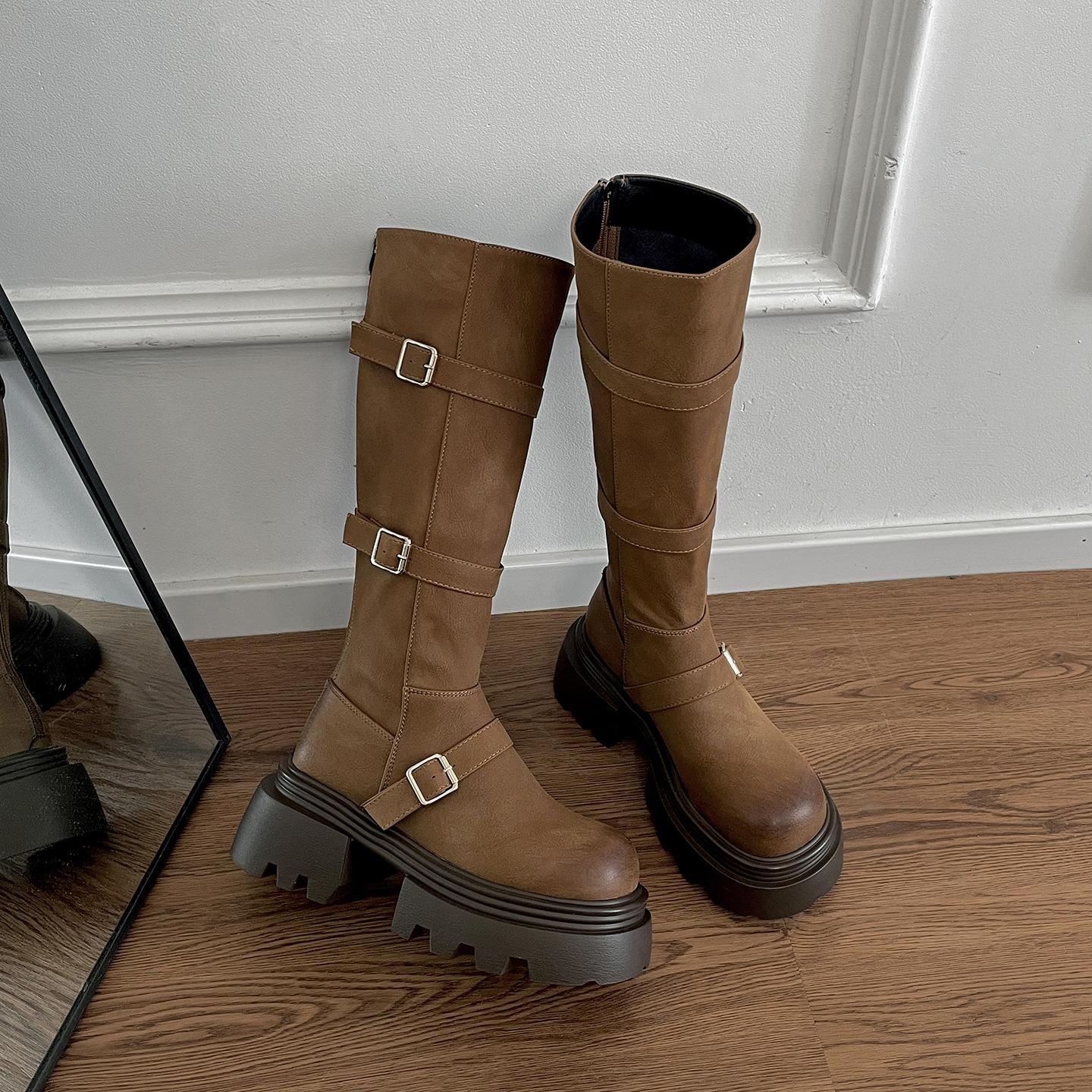 

Popular retro Maillard platform boots women s summer 2025 new small height increase soft sole thin knight boots 40 коричневый