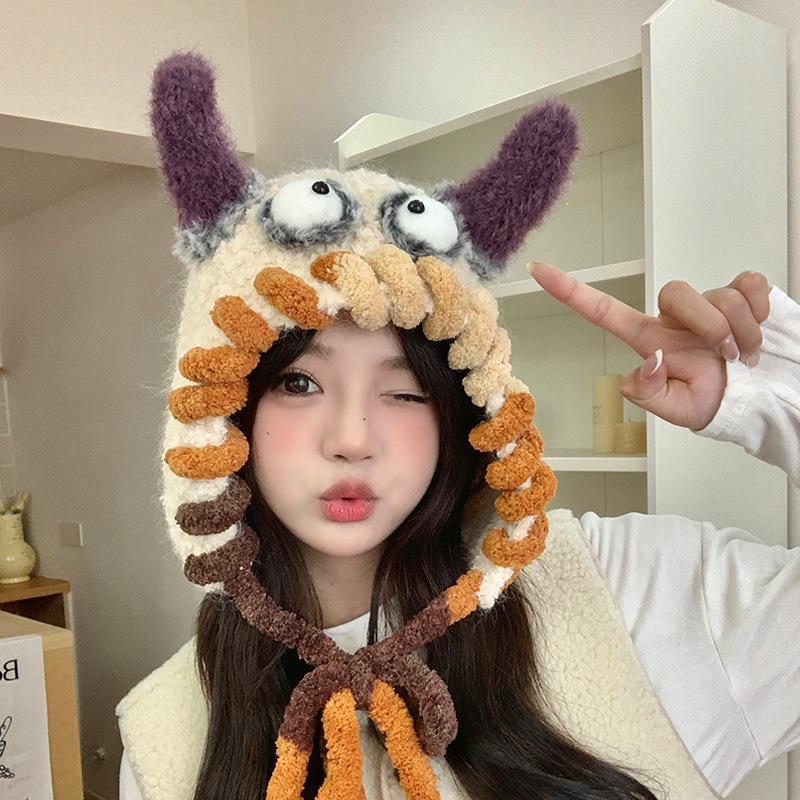 Cute and Funny Little Monster Wool Hat Women's Autumn and Winter Warm Knitted Plush Ear Protector Pullover Hat Shows Small Face