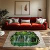 Forest Waterfall Landscape Rug, Green Nature Themed Carpet for Living Room, Plush Non-Slip Sofa Mat with Stone Border Design