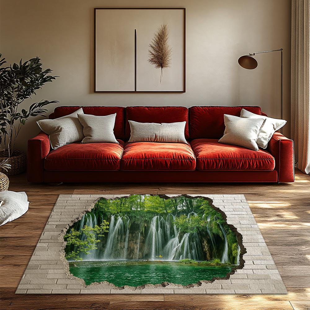 Forest Waterfall Landscape Rug, Green Nature Themed Carpet for Living Room, Plush Non-Slip Sofa Mat with Stone Border Design