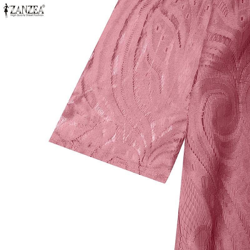 ZANZEA Women Casual Round Neck 3/4 Sleeve Patchwork Lace Sheath Dress