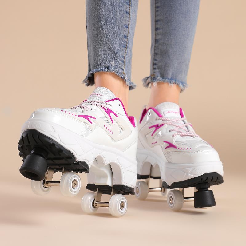 Teenagers /Boys/Girls Shapeshifting Shoes Four-wheel Dual-use Roller Skates Double Row Walking Shoes Roller Skates