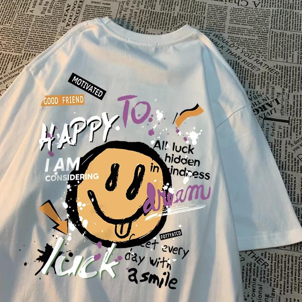 Happy To Dream Luck Smile Men Women T-Shirt High Quality Crewneck T Shirts Summer Loose Sportswear Cotton Breathable T Shirts