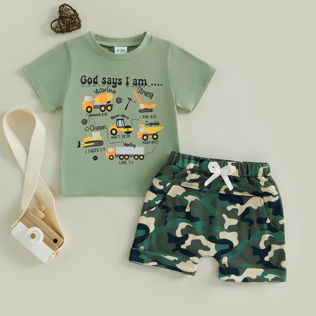 Tenues d'été pour tout-petits Garçons T-shirts à manches courtes imprimé Lettres Véhicules Short à taille élastique Camouflage Ensemble 2 pièces Vêtements