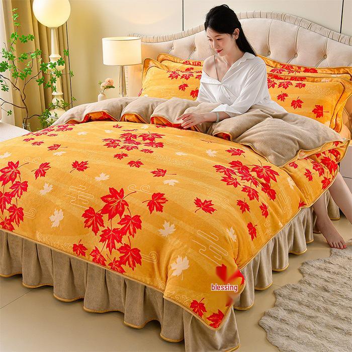 Cozy Flannel 230g Milk Velvet Printed Bed Set with Skirt - New Autumn/Winter Collection, Hot Seller