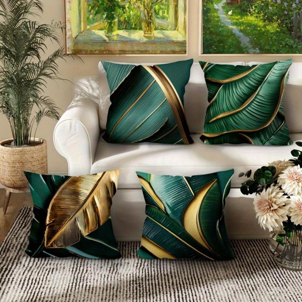 1/4pcs Exquisite Green and Gold Leaf Patterned Pillowcases Sofa Cushion Cover Home Bedroom Room Decoration