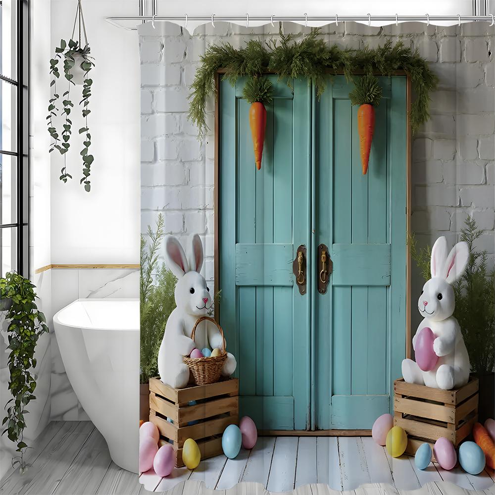 

Easter Cute Bunny Shower Curtain, Blue Wooden Doors White Walls Carrot Floral Eggs Bathroom Decorative Shower Curtain, Waterproo 90*180cm