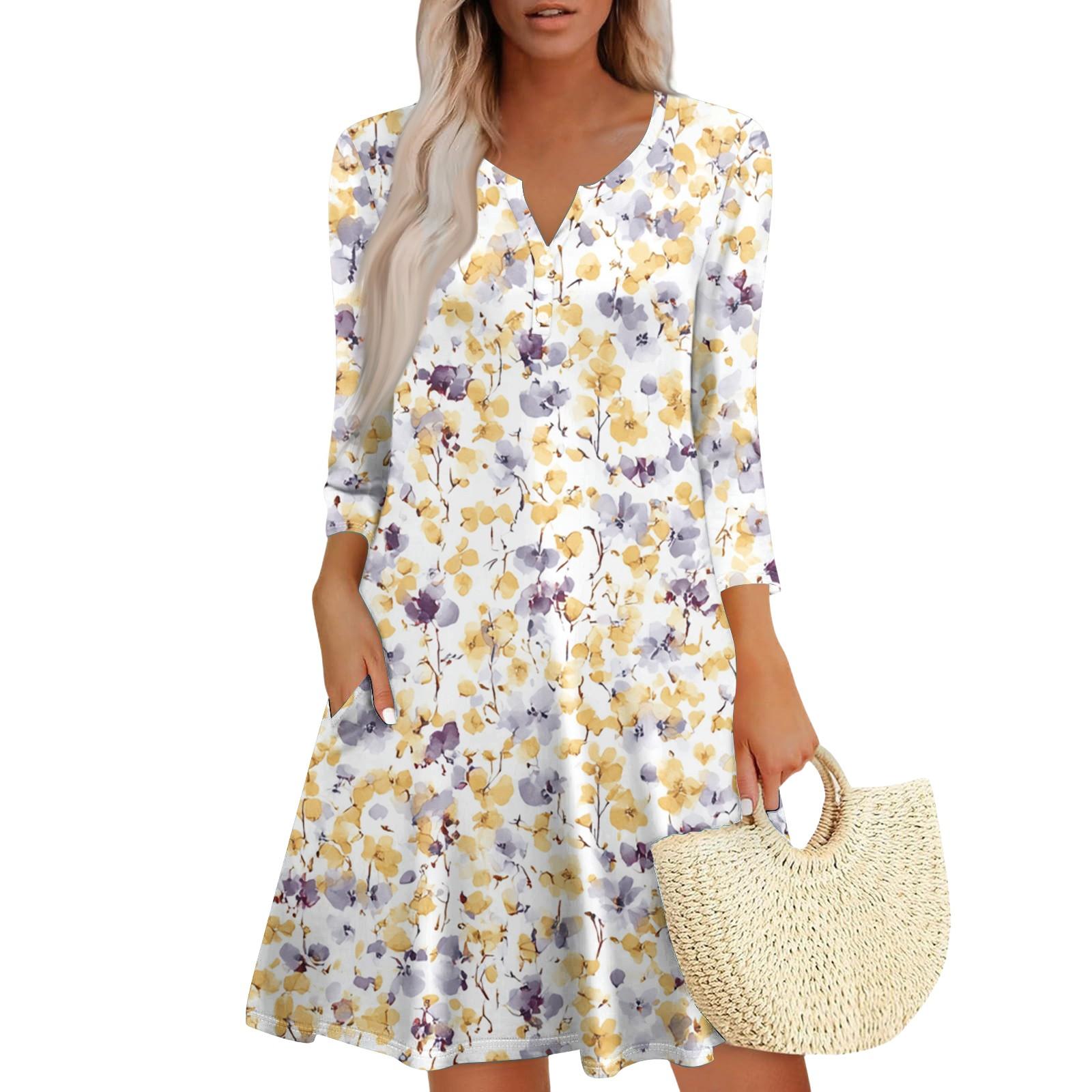 

Женское модное платье с V-образным вырезом, пуговицами, рукавами длиной семь восьмых, карманом и цветочным принтом M