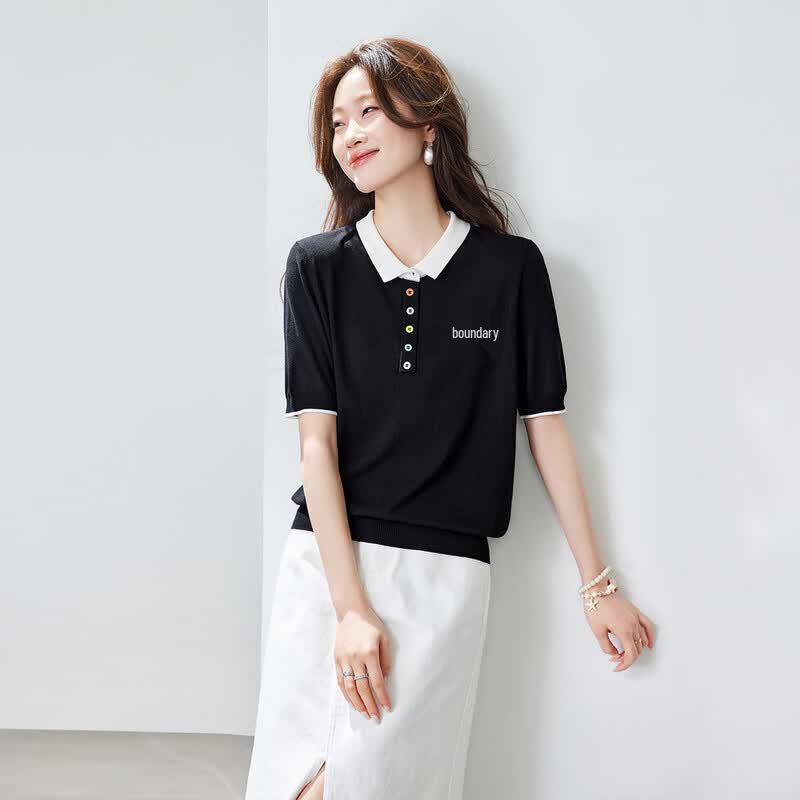Srcr Women's Silk Blend Embroidered Short Sleeve Polo T-Shirt