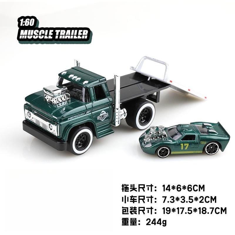 1:60 American MUSCLE TRAILER Alloy Diecast Car Model Toys Sound Light Pull Back Metal Body Rubber Tires Trailer Toys Kids Gifts