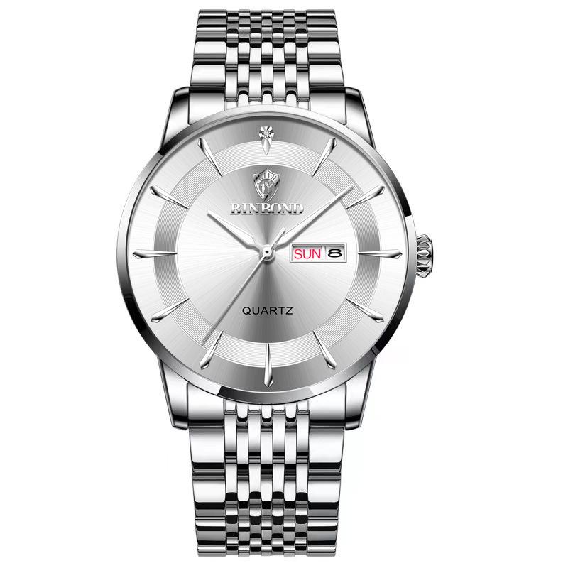Binbang Men s Casual Waterproof Luminous Quartz Watch with Butterfly Buckle and Steel Band.