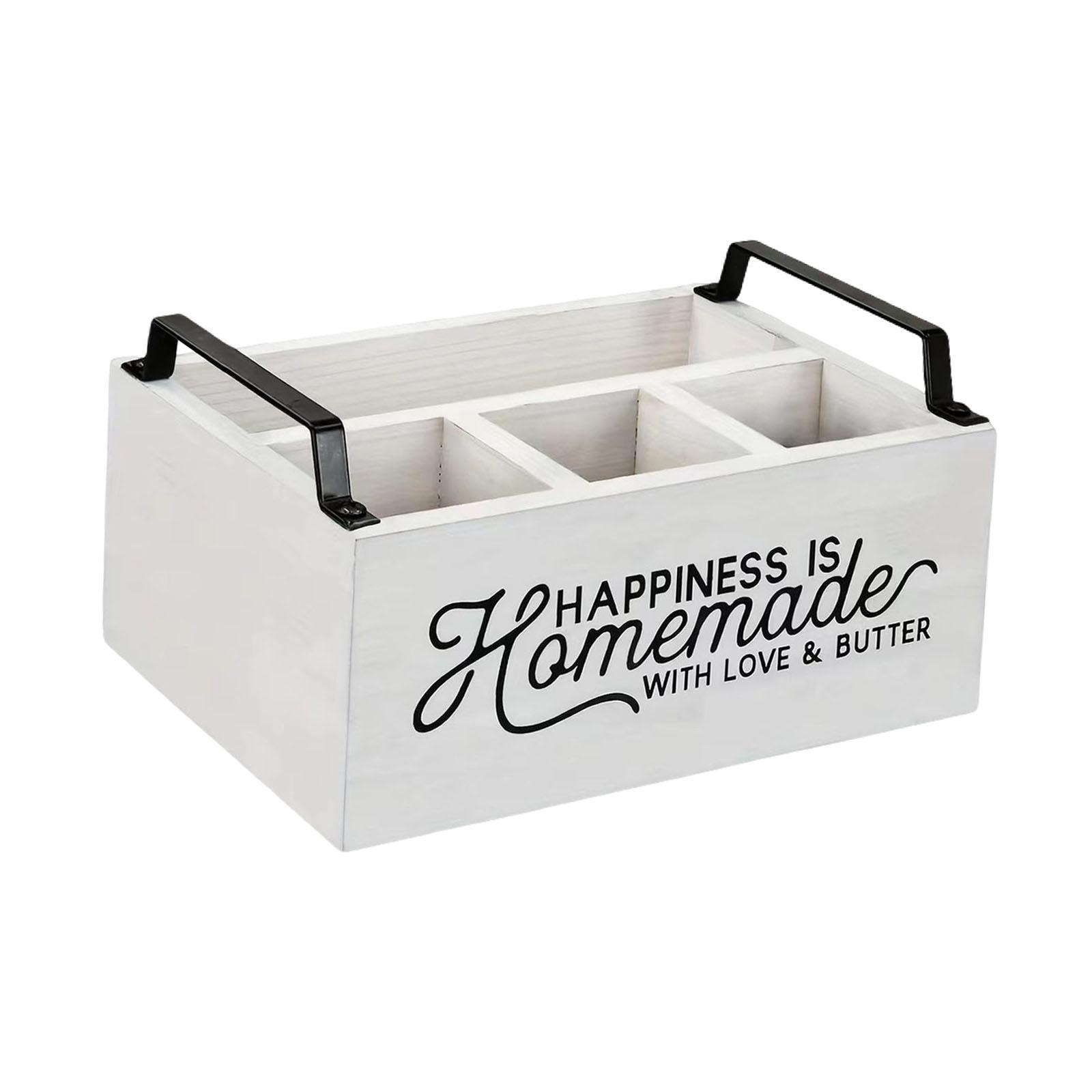 

Kitchen Utensil Holder Wooden Storage Organizer Box 4 Compartments Silverware білий