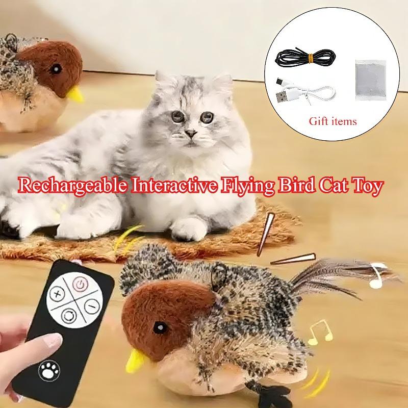 Rechargeable Interactive Flying Bird Cat Toy Chirping Flapping Bird with 3 Adjustable Levels Remote Control Pet Toy