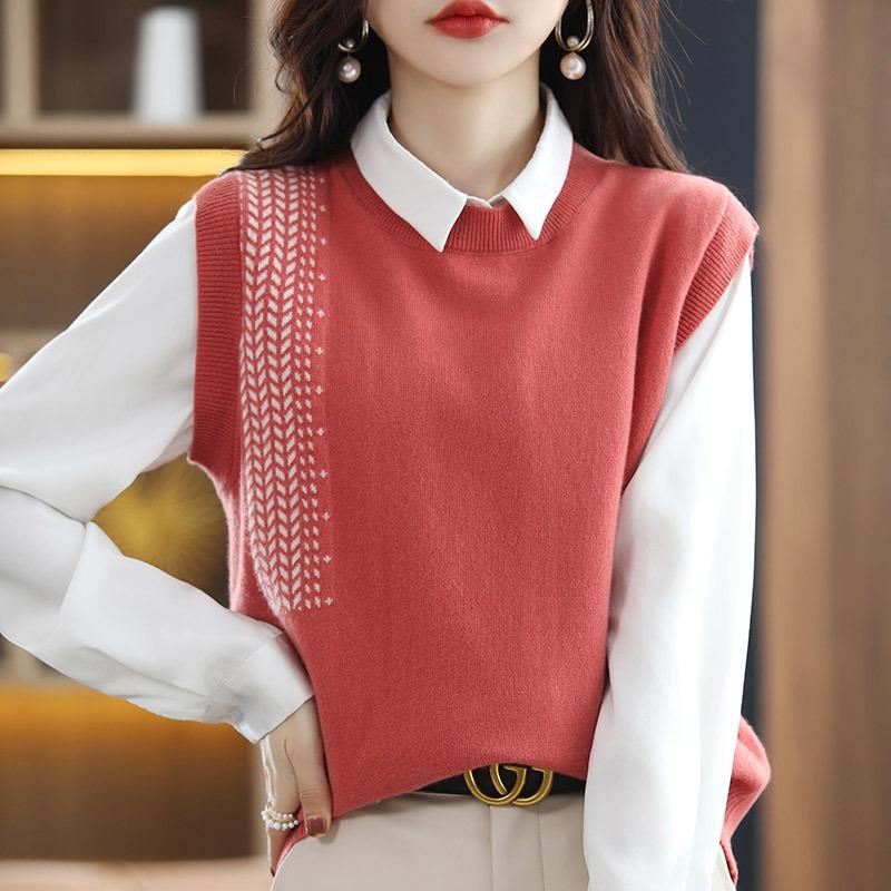 Spring and Autumn Vest Vest, Crew Neck Splicing Sleeveless Sweater Loose Outer Knitted Vest