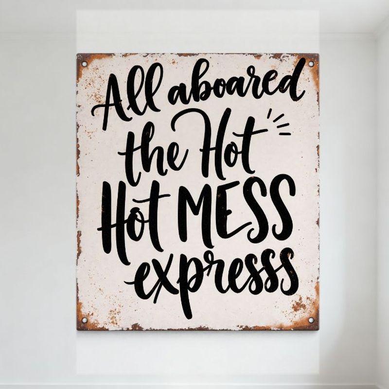 

Vintage Distressed Metal Tin Sign All Aboard the Hot Hot MESS Express Handwritten Lettering for Kitchen Fun Themed Home Decor 20x30cm（7.8x11.8inch）