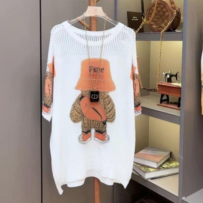 Plus Size Women's Summer Bear Print Knitted Two-Piece Shorts Suit