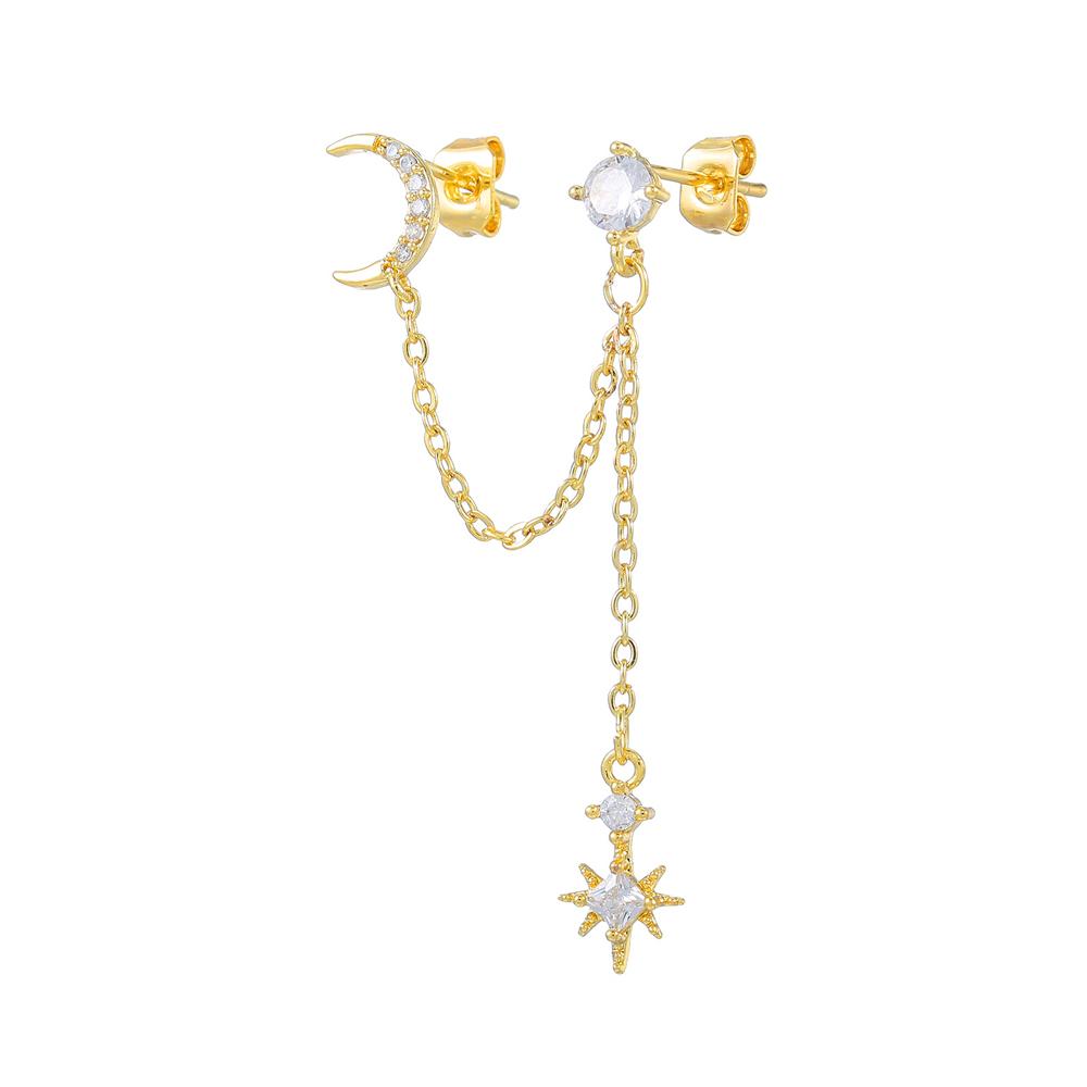 Design Stainless Steel Cubic Zirconia Star Moon Dangle Earrings Personality Chain Drop Earring Ear Clips Piercing Jewelry