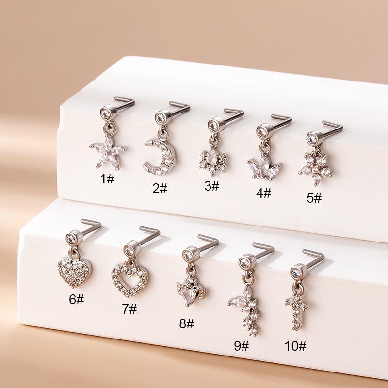 Heart Cross Flower Zirconia Nose Stud - Stainless Steel Thin Bar Jewelry