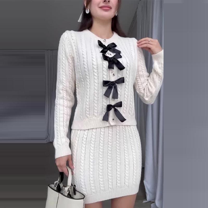 2024 Autumn European & American Color Block Sweet Bow Knit Dress Set