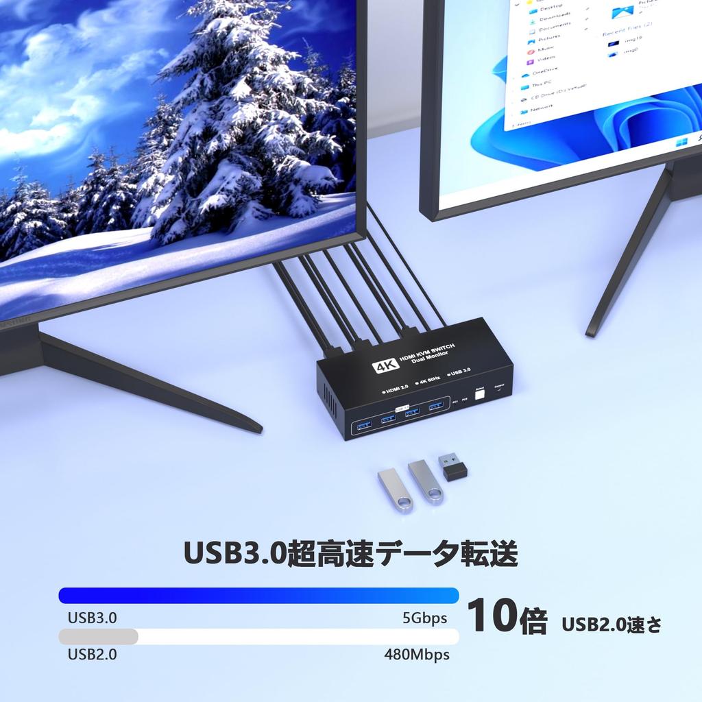 KVM Switch with 2 HDMI Inputs and 2 Outputs, 4K@60Hz, for Switching Between 2 PCs and 2 Monitors, 4 USB 3.0 Ports, Supports Keyboard, Mouse, Printer,