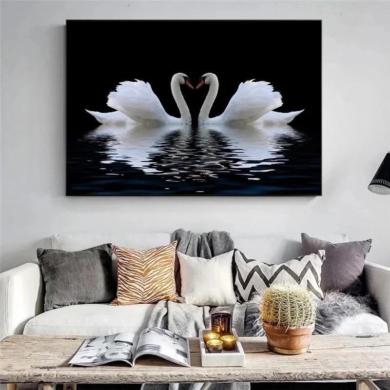 Night Lake Swan Love Picture Canvas Painting Posters and Prints Modern Wall Art Bedroom Bedside Living Room Home Decoration