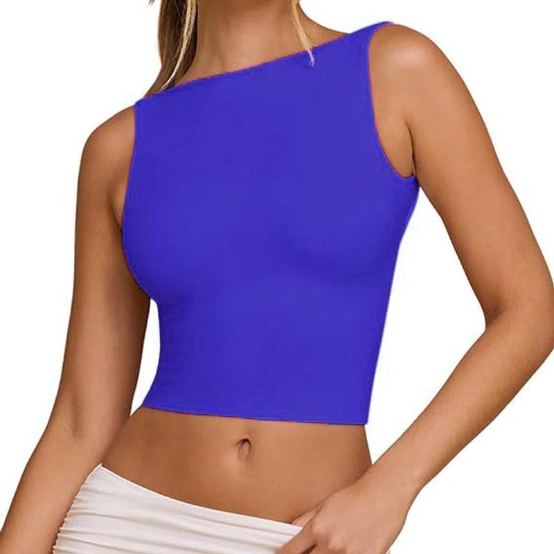 

Solid Color round Neck Sleeveless Top Solid Crew Neck Sleeveless Backless Top Women Sapphire Blue 120 XL