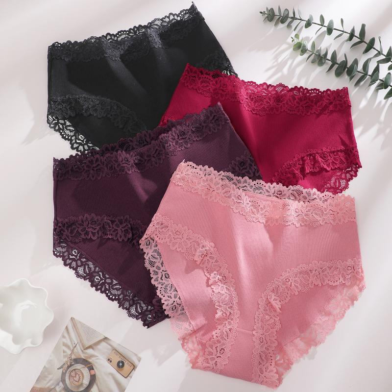 1pcs Women's High Waisted Plus Size Lace Spliced Cotton Underwear, Full Coverage Fashionable, Breathable, Soft and Comfortable Women's Underwear