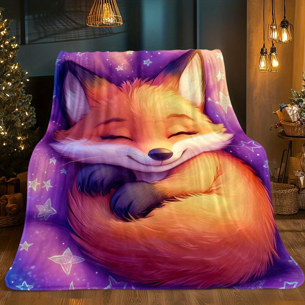 Sleeping Fox Animal Print Flannel Blanket Cozy Soft Throw Blanket Cute Animal Design Bedroom Decor Gift for Animal Lovers