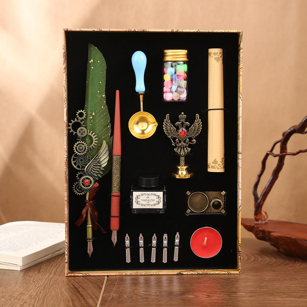 Punk Fjærsett Retro Mekanisk Dryssende Gull Fjærpenn Dyppepennsett Gaveeske Lærerdagsgaver