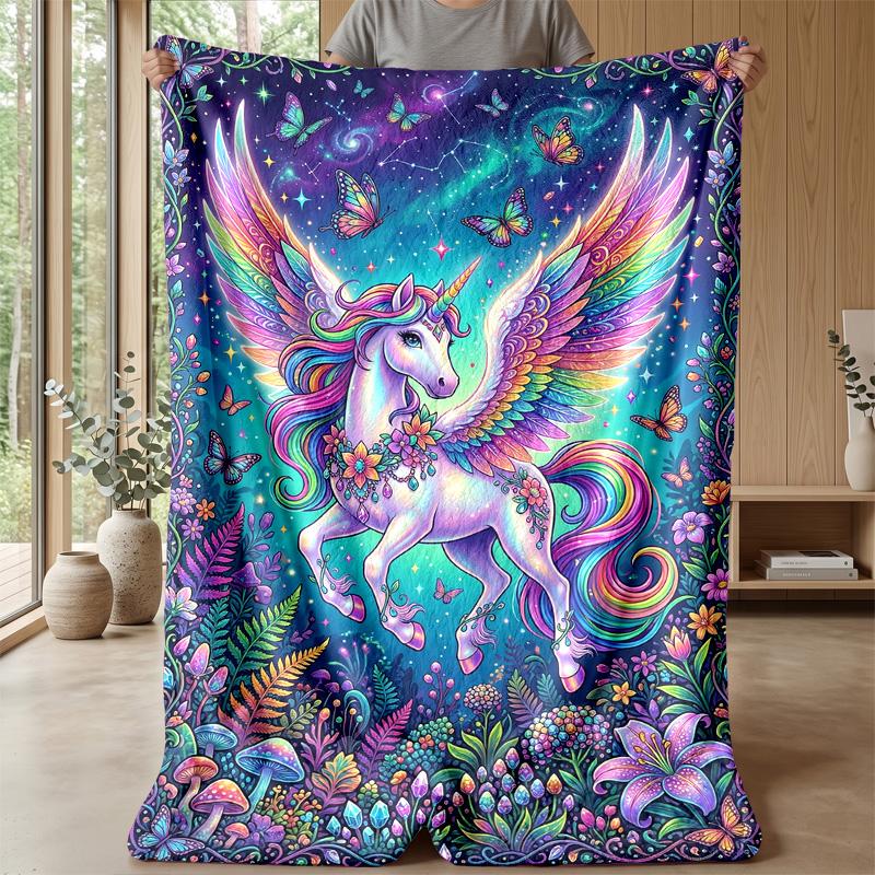Rainbow Winged Unicorn Theme blanket Lightweight Warm Flannel Blanket Decorative Throw Blanket for Home Decoration