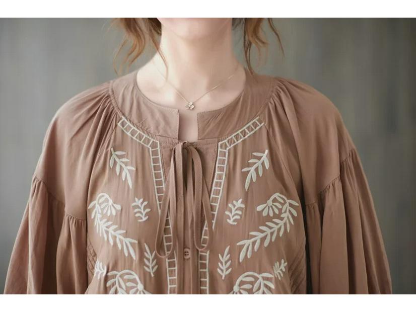 2025 Summer Plus Size Women's Retro Embroidered V-Neck Bell Sleeve Dress