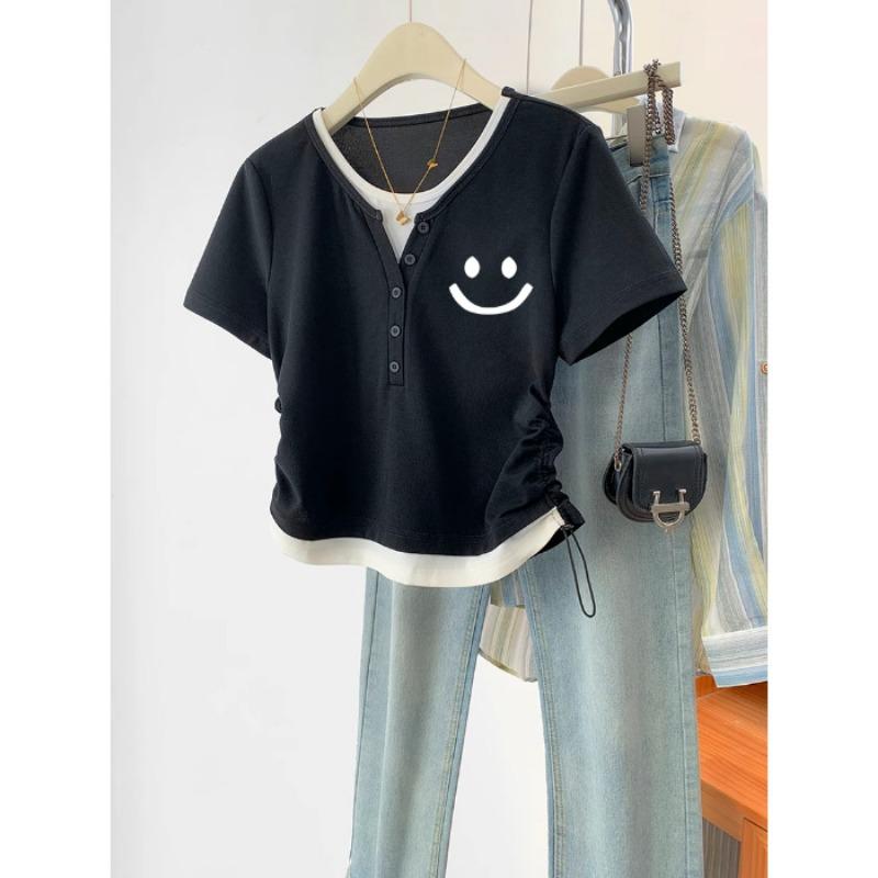 Women's Summer Design Niche Fake Two Slim Drawstring Short Sleeved Tops